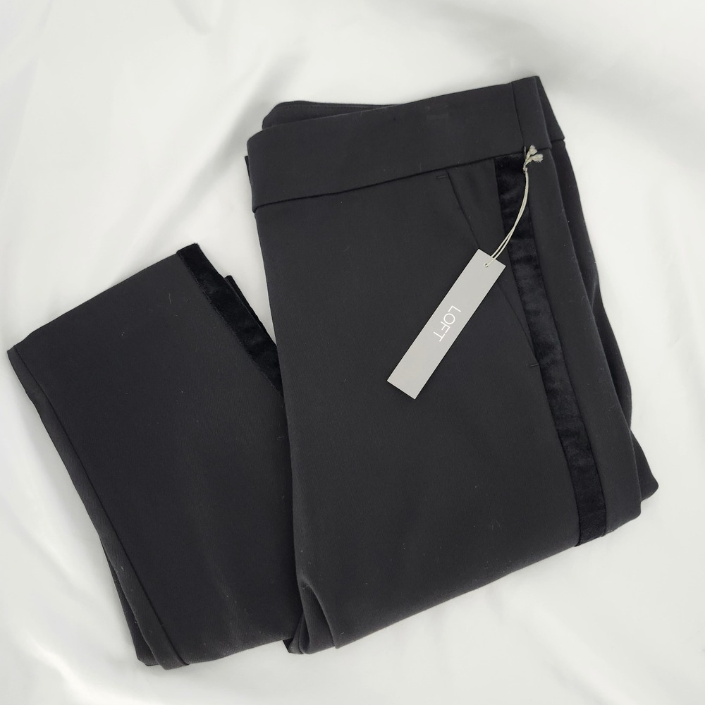 LOFT Womens Marisa Black Velvet Tuxedo Stripe Ankle Pant Size 10 Holiday NWT